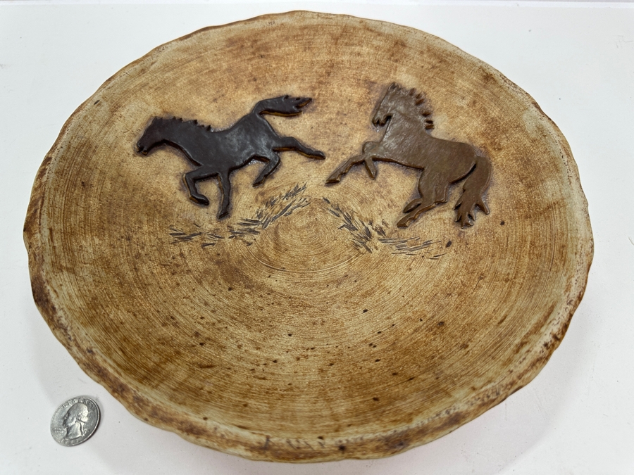 Vintage Handmade Icelandic Art Pottery Bowl Modur Jardar With Pair Of Relief Horses 11W X 2.5H [Photo 3]