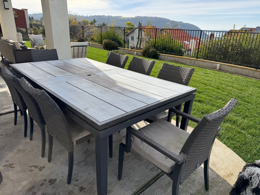 RST Brand Vistano 9 Piece Sunbrella Outdoor Dining Set - Gray  Table With Eight Chairs (Two Are Armchairs) 85W x 42D x 30H Retail $3,549 [Photo 2]
