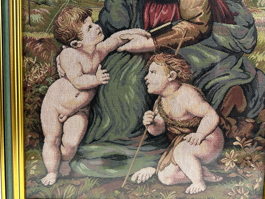 Vintage Italian Tapestry Of Raphael's Painting 'La Belle Jardinier' (The Beautiful Gardener) Showing The Virgin Mary With Infant Jesus And John The Baptist [Photo 5]
