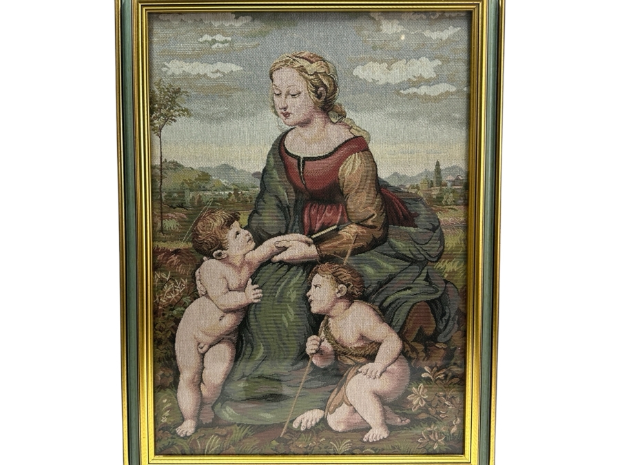 Vintage Italian Tapestry Of Raphael's Painting 'La Belle Jardinier' (The Beautiful Gardener) Showing The Virgin Mary With Infant Jesus And John The Baptist [Photo 1]