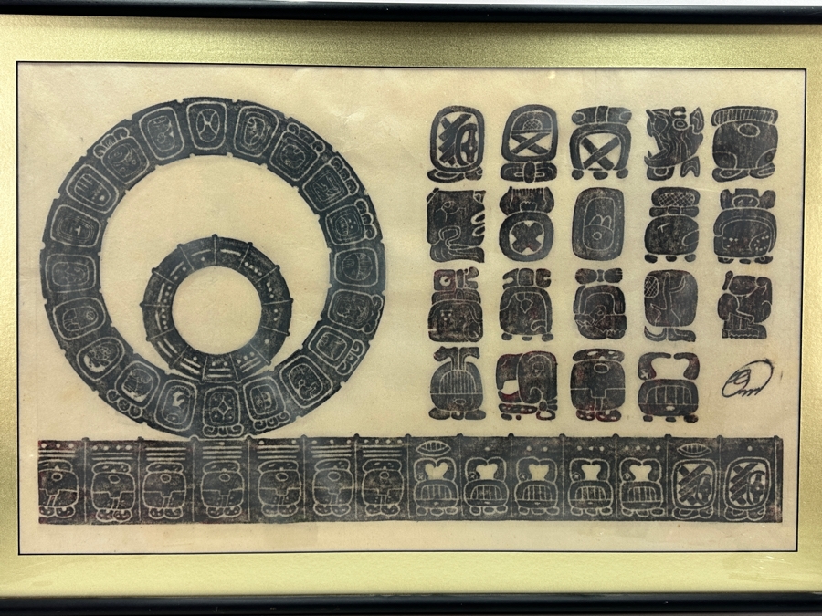 Vintage Mayan Calendar Tzolk'in Rubbing Featuring Glyphs 31.5 X 20 Framed 37 X 25 [Photo 1]