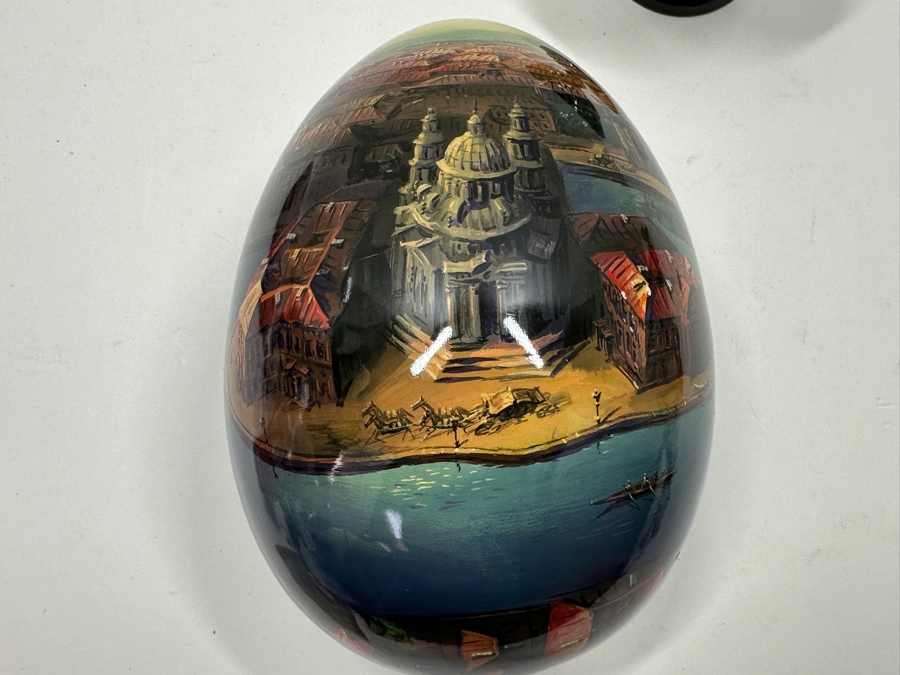 Large Hand Painted Russian Laquer Wooden Egg Artist Signed On Bottom Showcasing Landscape Scene With Stand And Glass Display Dome 8'H [Photo 28]