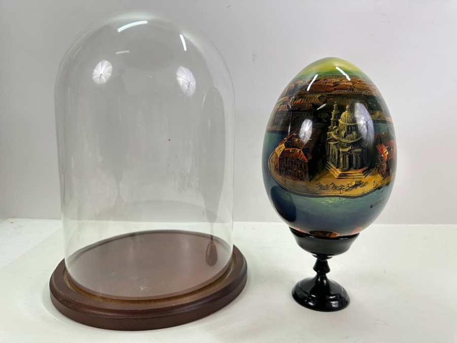Large Hand Painted Russian Laquer Wooden Egg Artist Signed On Bottom Showcasing Landscape Scene With Stand And Glass Display Dome 8'H [Photo 3]