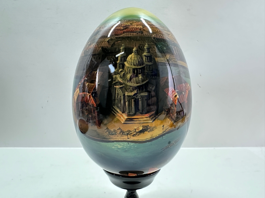 Large Hand Painted Russian Laquer Wooden Egg Artist Signed On Bottom Showcasing Landscape Scene With Stand And Glass Display Dome 8'H [Photo 4]