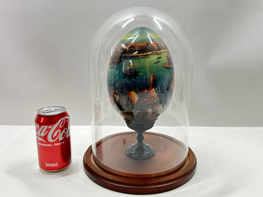 Large Hand Painted Russian Laquer Wooden Egg Artist Signed On Bottom Showcasing Landscape Scene With Stand And Glass Display Dome 8'H [Photo 2]