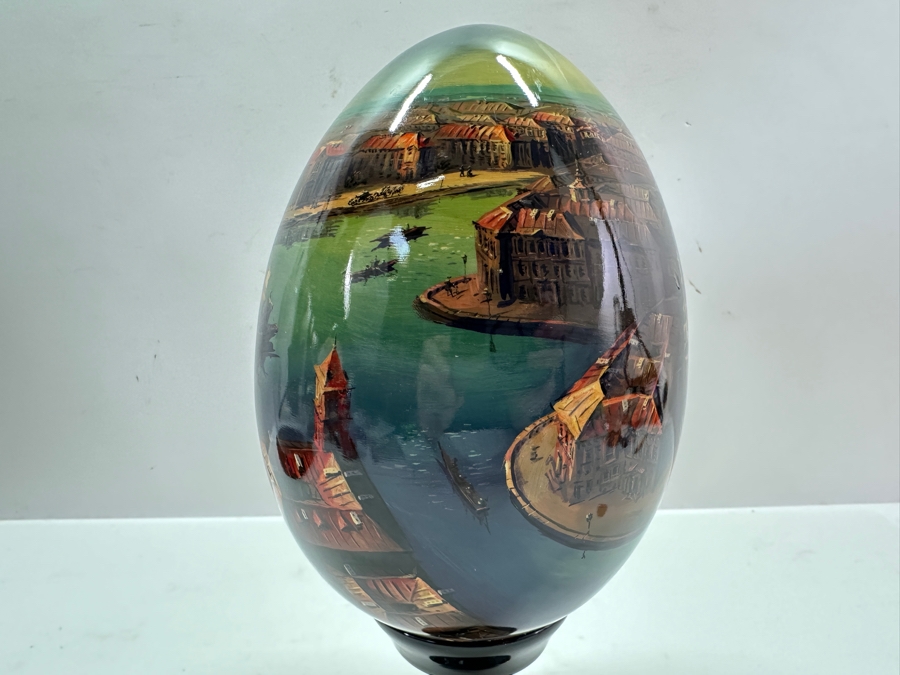 Large Hand Painted Russian Laquer Wooden Egg Artist Signed On Bottom Showcasing Landscape Scene With Stand And Glass Display Dome 8'H [Photo 18]