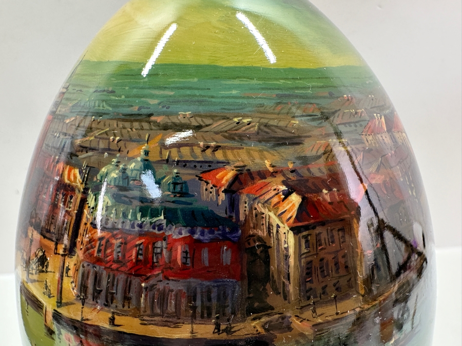 Large Hand Painted Russian Laquer Wooden Egg Artist Signed On Bottom Showcasing Landscape Scene With Stand And Glass Display Dome 8'H [Photo 15]