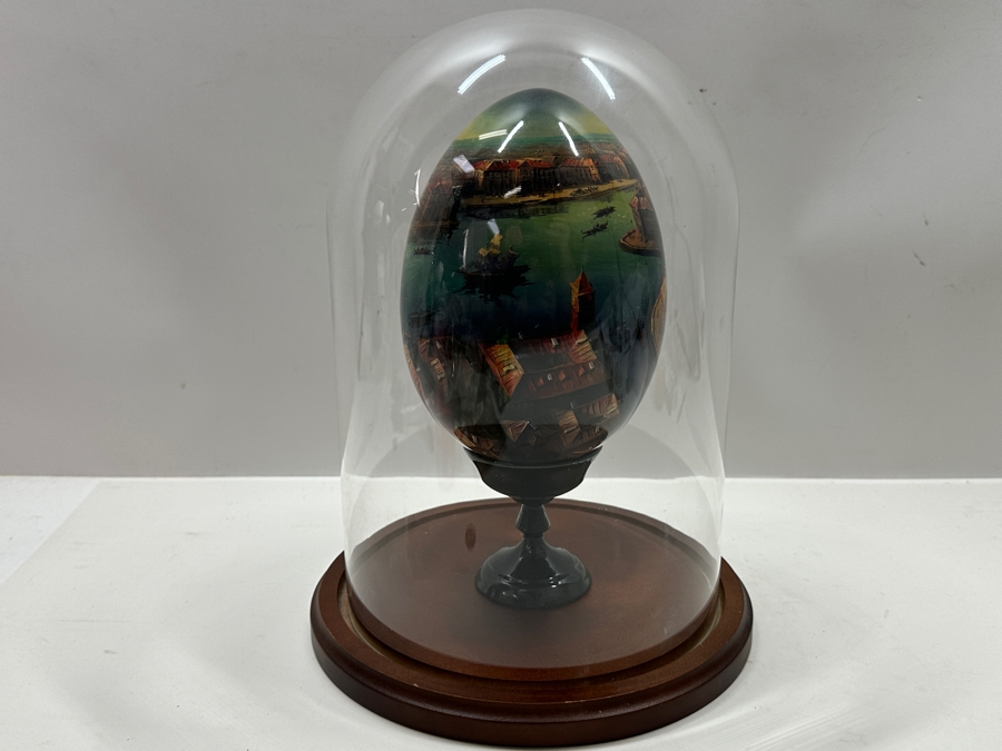 Large Hand Painted Russian Laquer Wooden Egg Artist Signed On Bottom Showcasing Landscape Scene With Stand And Glass Display Dome 8'H [Photo 31]