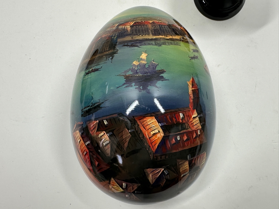 Large Hand Painted Russian Laquer Wooden Egg Artist Signed On Bottom Showcasing Landscape Scene With Stand And Glass Display Dome 8'H [Photo 29]