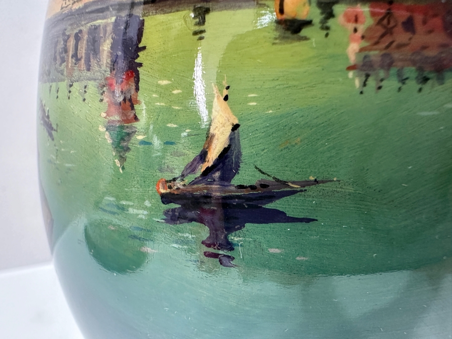 Large Hand Painted Russian Laquer Wooden Egg Artist Signed On Bottom Showcasing Landscape Scene With Stand And Glass Display Dome 8'H [Photo 13]