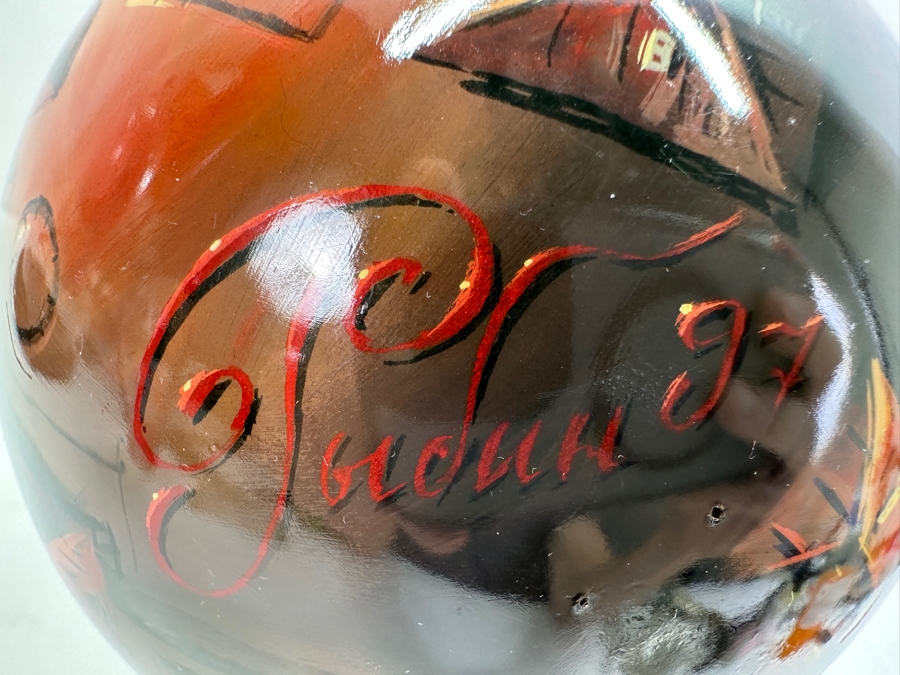 Large Hand Painted Russian Laquer Wooden Egg Artist Signed On Bottom Showcasing Landscape Scene With Stand And Glass Display Dome 8'H [Photo 21]