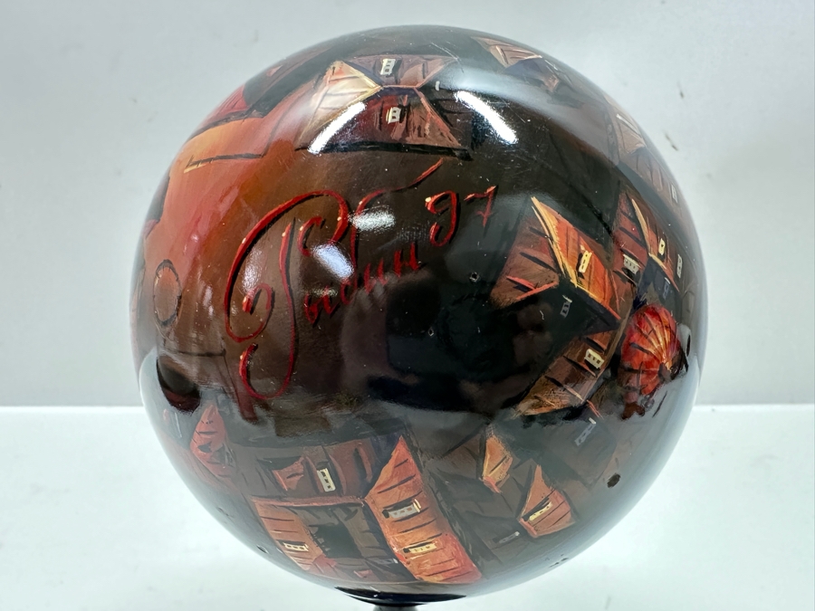 Large Hand Painted Russian Laquer Wooden Egg Artist Signed On Bottom Showcasing Landscape Scene With Stand And Glass Display Dome 8'H [Photo 24]