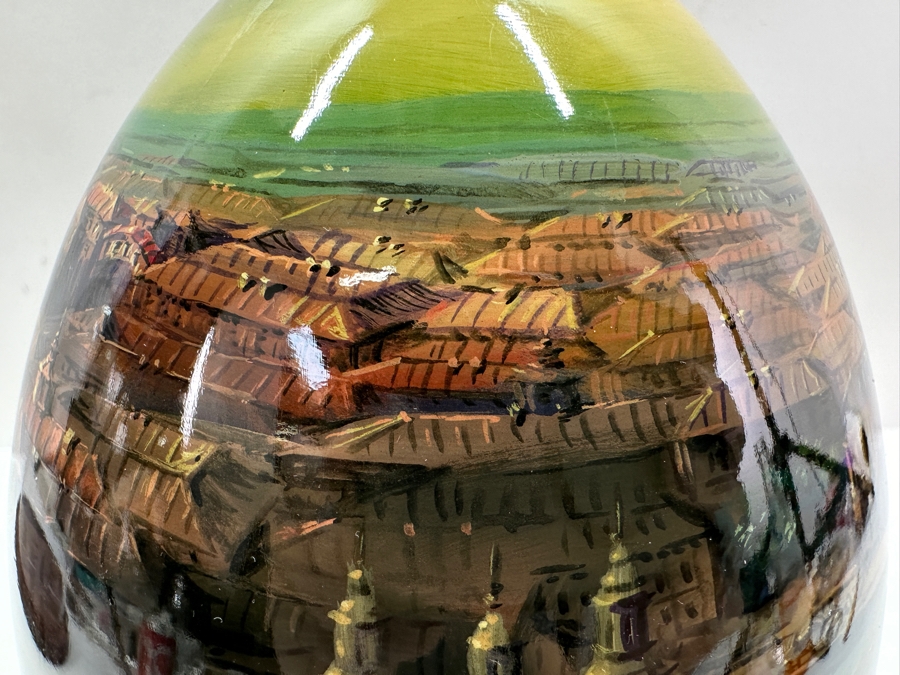 Large Hand Painted Russian Laquer Wooden Egg Artist Signed On Bottom Showcasing Landscape Scene With Stand And Glass Display Dome 8'H [Photo 6]