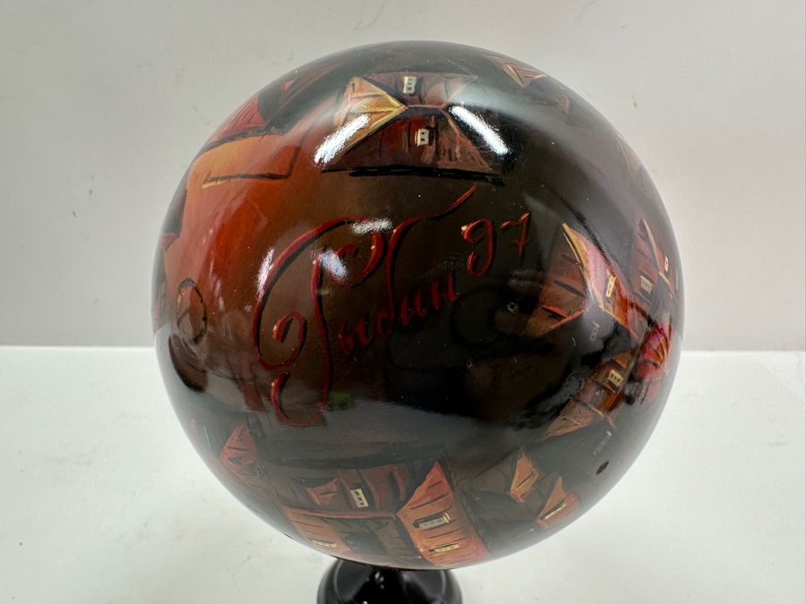 Large Hand Painted Russian Laquer Wooden Egg Artist Signed On Bottom Showcasing Landscape Scene With Stand And Glass Display Dome 8'H [Photo 20]