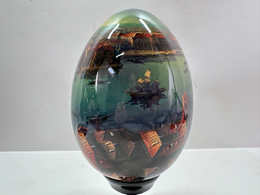 Large Hand Painted Russian Laquer Wooden Egg Artist Signed On Bottom Showcasing Landscape Scene With Stand And Glass Display Dome 8'H [Photo 16]