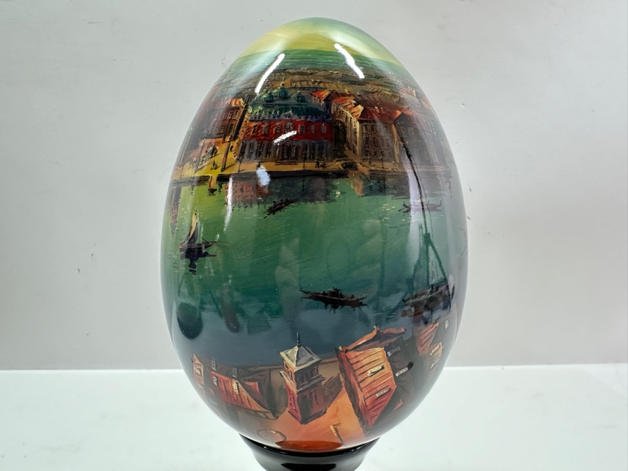 Large Hand Painted Russian Laquer Wooden Egg Artist Signed On Bottom Showcasing Landscape Scene With Stand And Glass Display Dome 8'H [Photo 12]