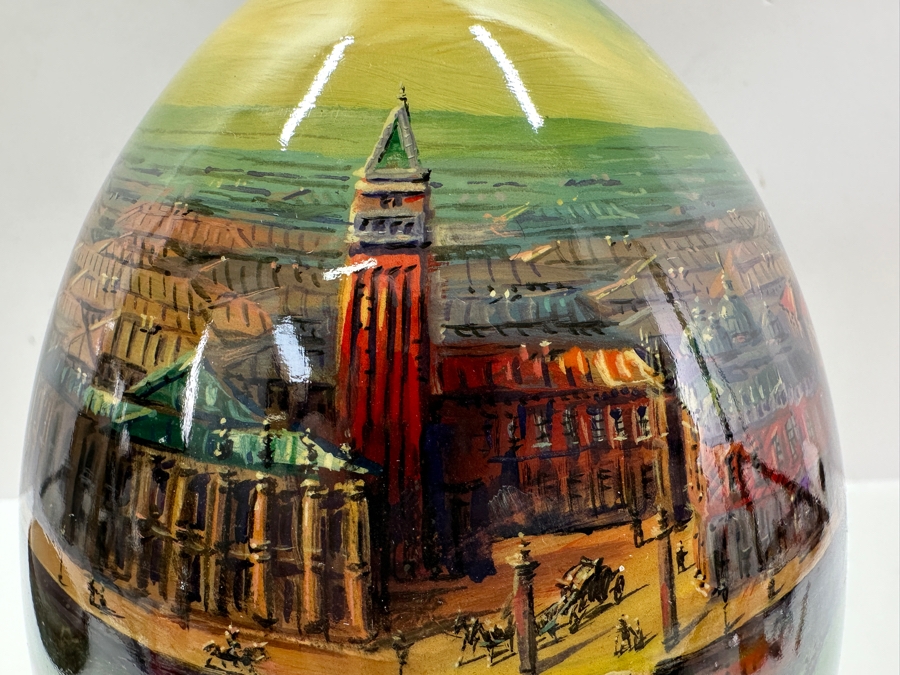 Large Hand Painted Russian Laquer Wooden Egg Artist Signed On Bottom Showcasing Landscape Scene With Stand And Glass Display Dome 8'H [Photo 11]