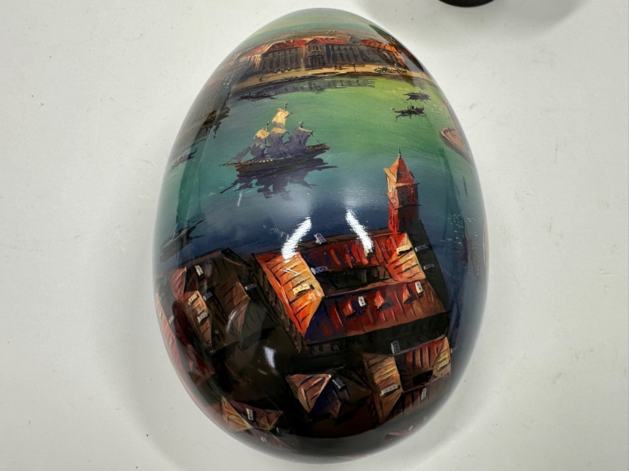 Large Hand Painted Russian Laquer Wooden Egg Artist Signed On Bottom Showcasing Landscape Scene With Stand And Glass Display Dome 8'H [Photo 27]