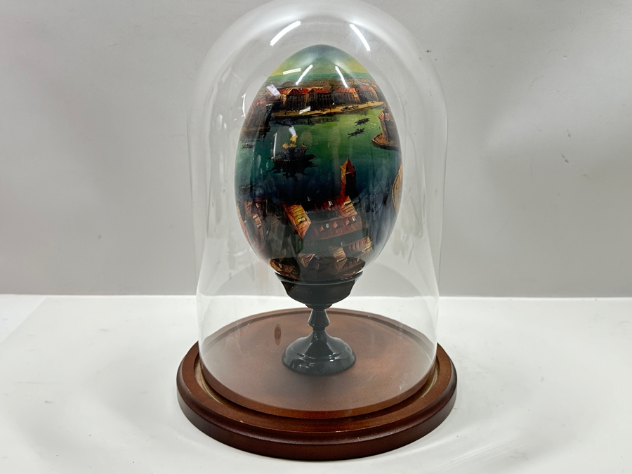 Large Hand Painted Russian Laquer Wooden Egg Artist Signed On Bottom Showcasing Landscape Scene With Stand And Glass Display Dome 8'H [Photo 33]
