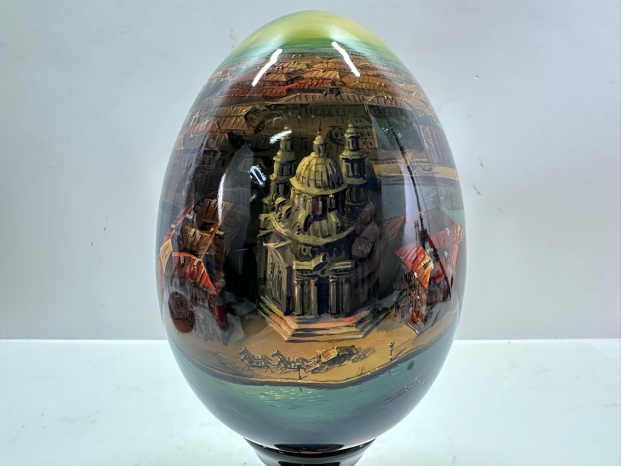 Large Hand Painted Russian Laquer Wooden Egg Artist Signed On Bottom Showcasing Landscape Scene With Stand And Glass Display Dome 8'H [Photo 5]