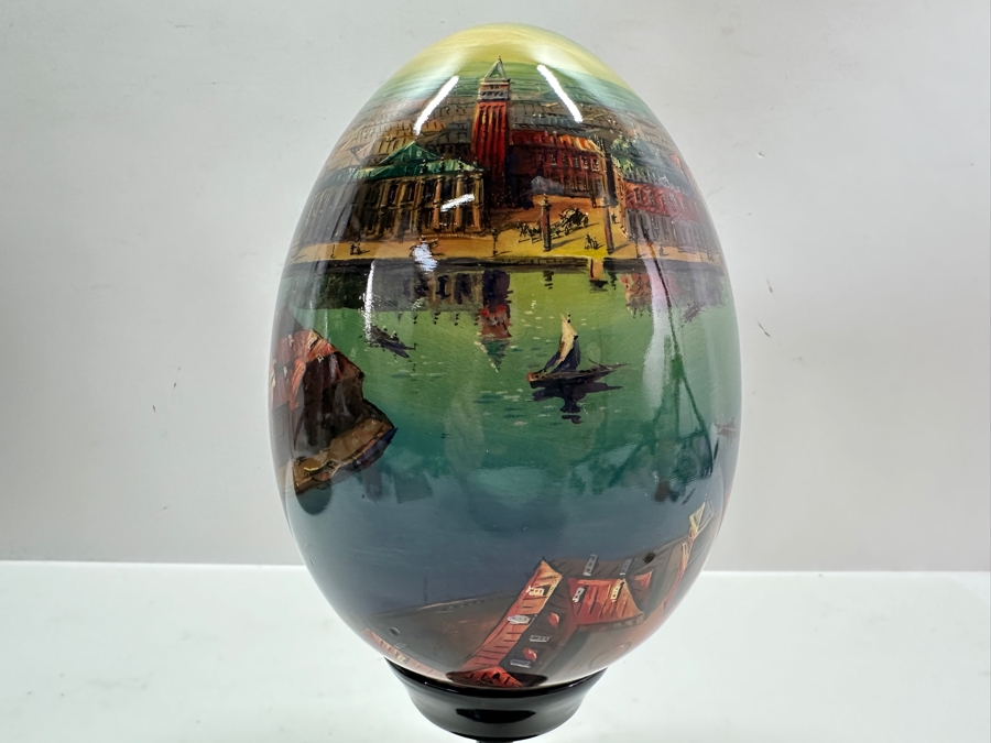 Large Hand Painted Russian Laquer Wooden Egg Artist Signed On Bottom Showcasing Landscape Scene With Stand And Glass Display Dome 8'H [Photo 9]