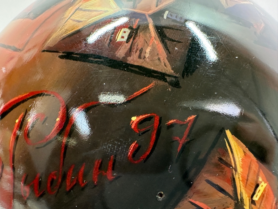 Large Hand Painted Russian Laquer Wooden Egg Artist Signed On Bottom Showcasing Landscape Scene With Stand And Glass Display Dome 8'H [Photo 23]