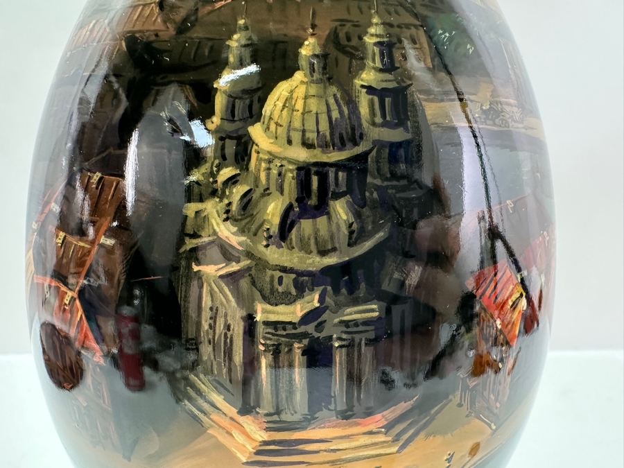 Large Hand Painted Russian Laquer Wooden Egg Artist Signed On Bottom Showcasing Landscape Scene With Stand And Glass Display Dome 8'H [Photo 7]