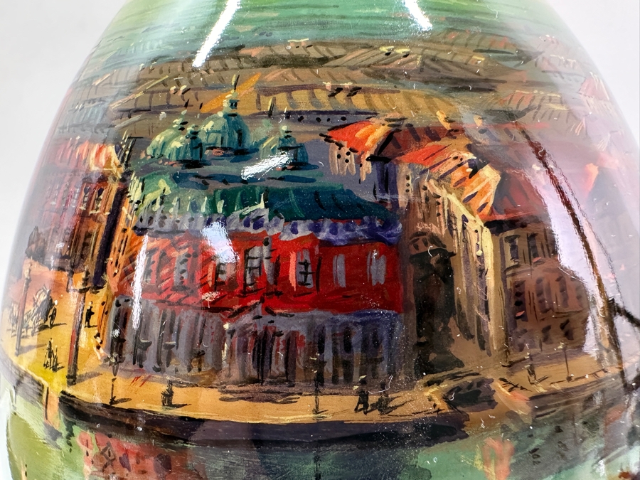 Large Hand Painted Russian Laquer Wooden Egg Artist Signed On Bottom Showcasing Landscape Scene With Stand And Glass Display Dome 8'H [Photo 14]