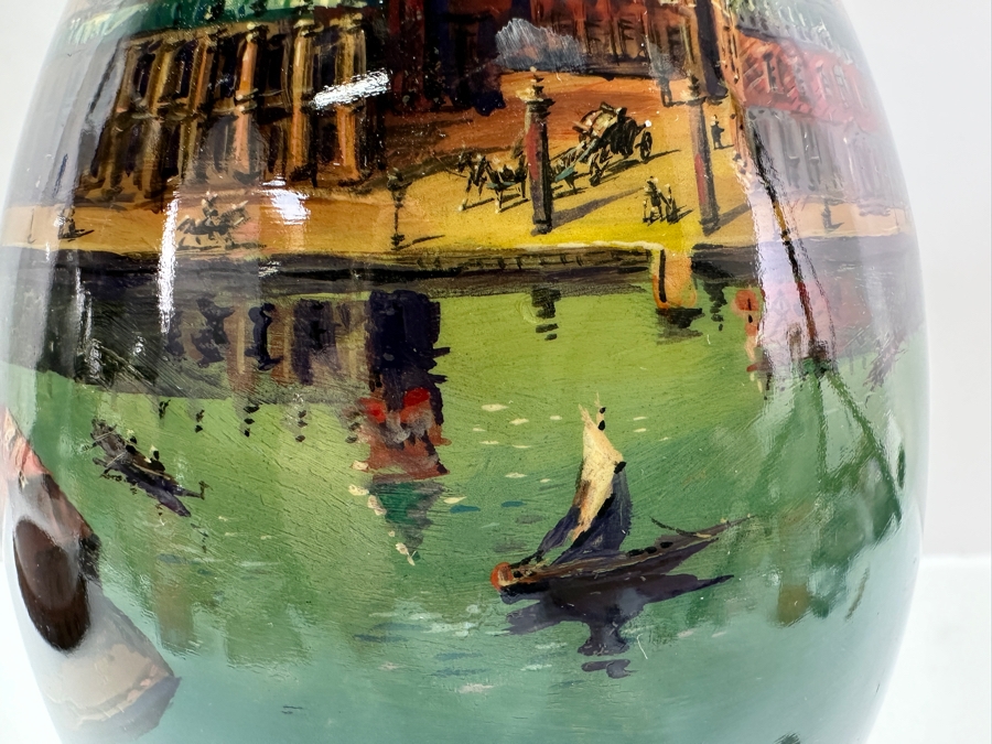 Large Hand Painted Russian Laquer Wooden Egg Artist Signed On Bottom Showcasing Landscape Scene With Stand And Glass Display Dome 8'H [Photo 10]
