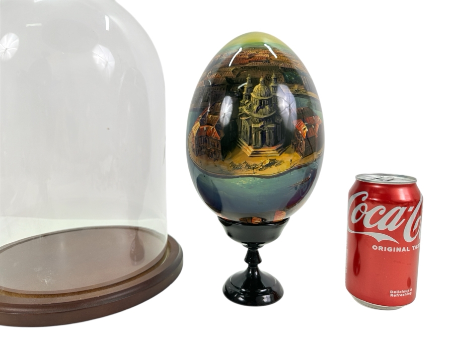 Large Hand Painted Russian Laquer Wooden Egg Artist Signed On Bottom Showcasing Landscape Scene With Stand And Glass Display Dome 8'H [Photo 1]