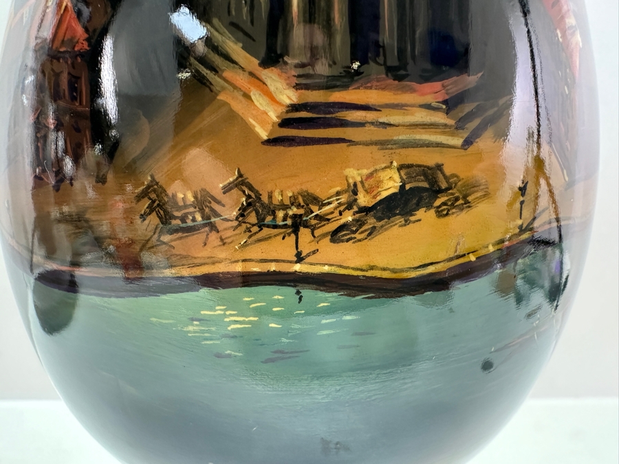 Large Hand Painted Russian Laquer Wooden Egg Artist Signed On Bottom Showcasing Landscape Scene With Stand And Glass Display Dome 8'H [Photo 8]