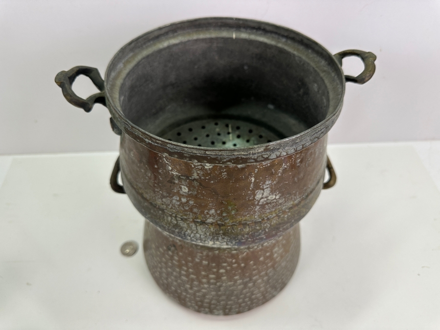 Antique Hammered Copper Cooking Pot And Strainer 10.75H [Photo 2]
