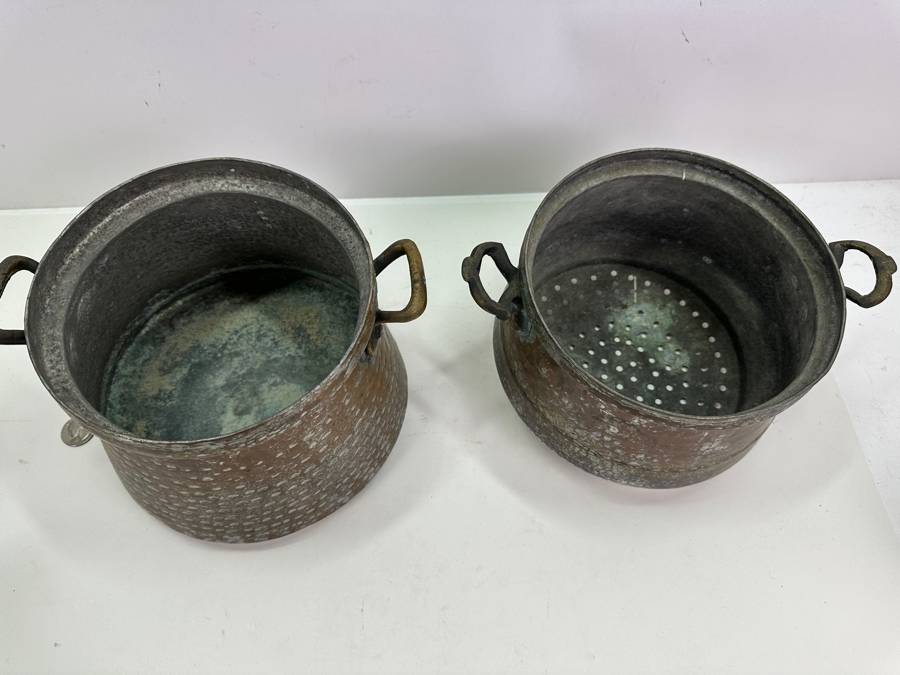 Antique Hammered Copper Cooking Pot And Strainer 10.75H [Photo 4]