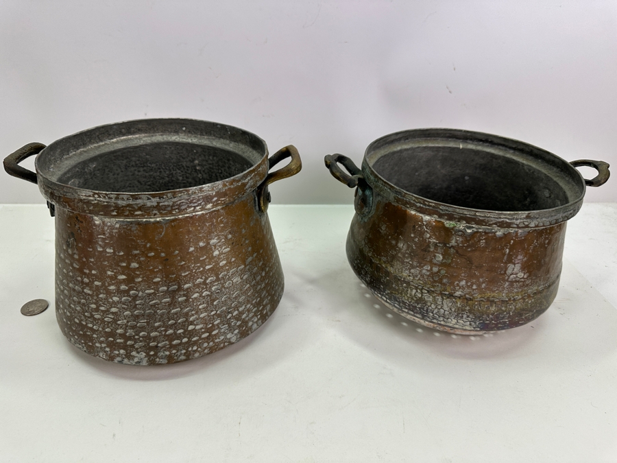 Antique Hammered Copper Cooking Pot And Strainer 10.75H [Photo 3]