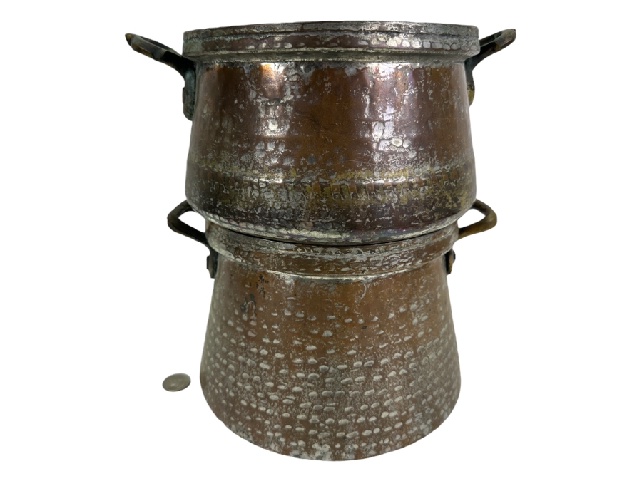 Antique Hammered Copper Cooking Pot And Strainer 10.75H [Photo 1]