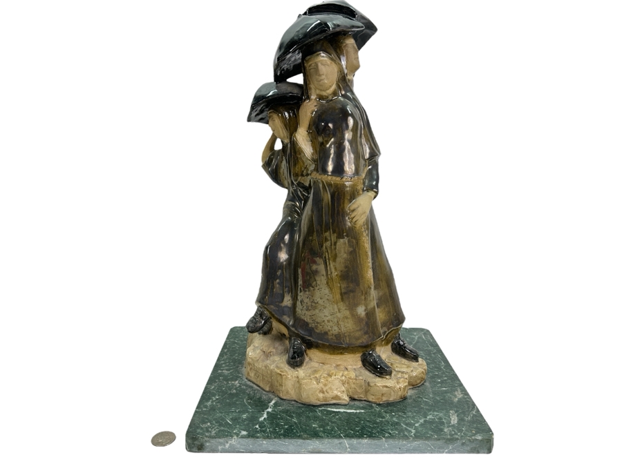 Artist Signed Art Pottery Sculpture On Marble Base 12W X 18H