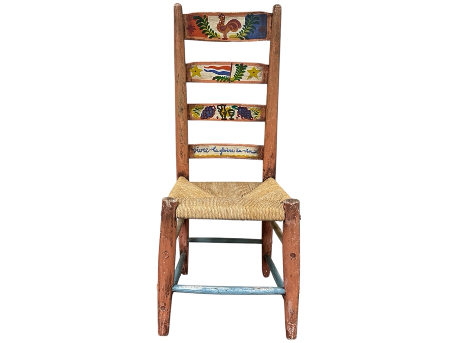 Peter Hunt (1896-1967, American) American Folk Art Hand Painted Wooden Rush Seat Chair 17W X 15D X 44H