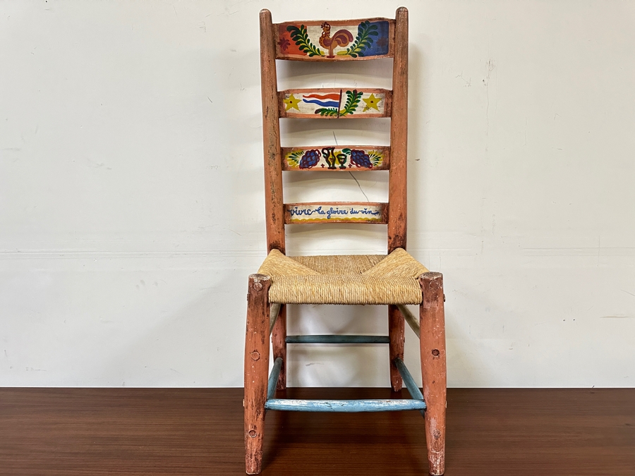 Peter Hunt (1896-1967, American) American Folk Art Hand Painted Wooden Rush Seat Chair 17W X 15D X 44H [Photo 2]