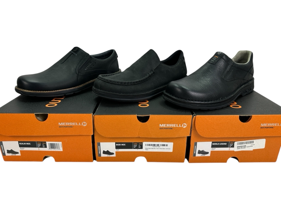 Three New Pair Merrill Black Slip-on Leather Shoes Size 10.5 Retails $400+