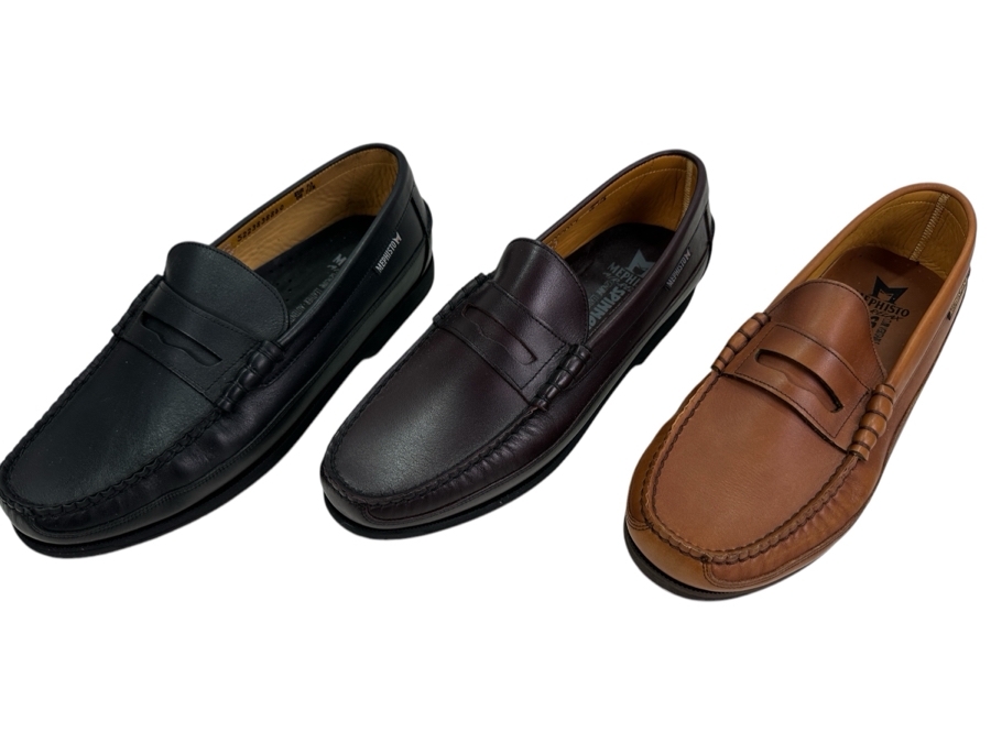 Three New Pair Mephisto Penny Loafer Slip-on Leather Shoes Black, Brown, Tan Size 10.5 Retails $1,000