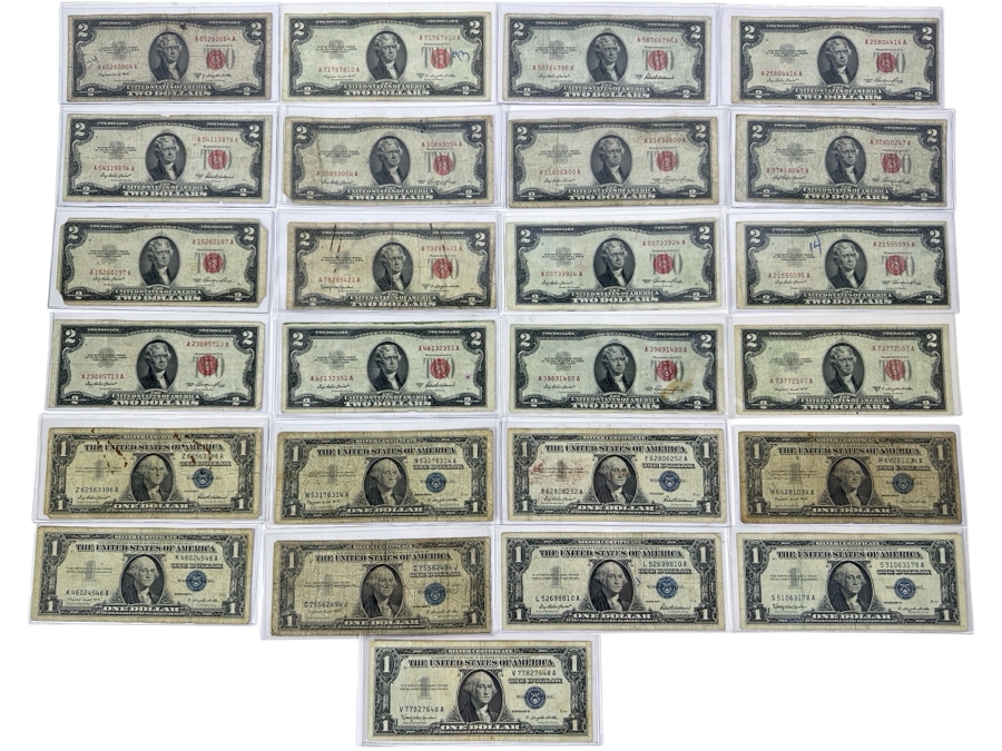 (16) Vintage United States $2 Dollar Bills And (9) Vintage United States $1 Dollar Bills