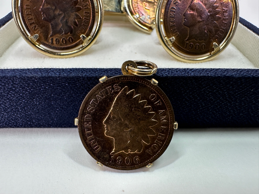 Gold Filled Indian Head Cent Cuff Links And Tie Tack High-End Set By Friedlander & Sons 25.7g [Photo 4]