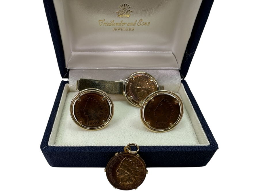 Gold Filled Indian Head Cent Cuff Links And Tie Tack High-End Set By Friedlander & Sons 25.7g [Photo 1]