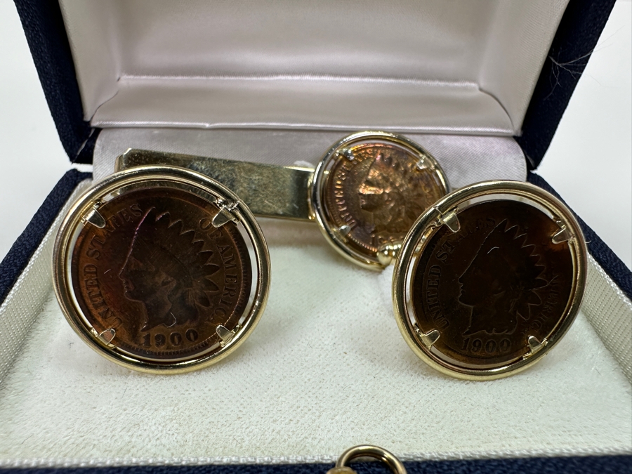 Gold Filled Indian Head Cent Cuff Links And Tie Tack High-End Set By Friedlander & Sons 25.7g [Photo 2]