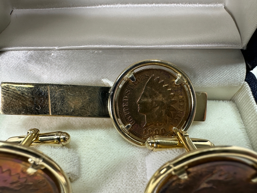 Gold Filled Indian Head Cent Cuff Links And Tie Tack High-End Set By Friedlander & Sons 25.7g [Photo 3]