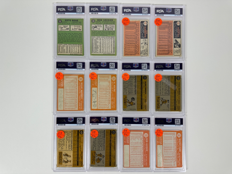 (12) Vintage 1960-1967 PSA Graded Baseball Cards: Hall Of Famers: Pete Rose, Bob Uecker, Yogi Berra, Sandy Koufax, Roberto Clemente, Duke Snider, Rocky Colavito, Don Drysdale, Al Kaline, Willie McCovey, Whitey Ford  [Photo 9]