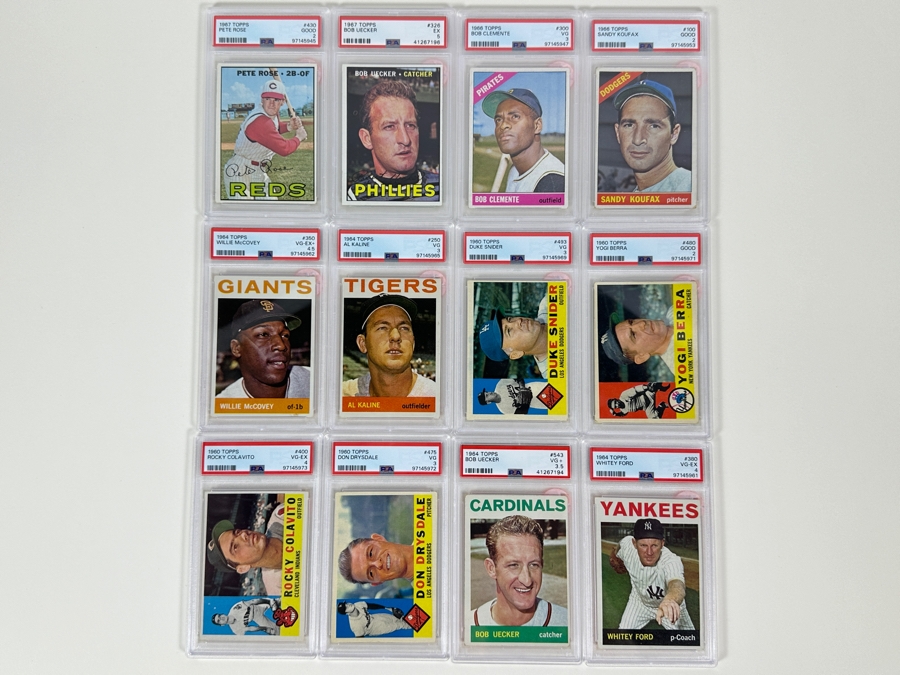 (12) Vintage 1960-1967 PSA Graded Baseball Cards: Hall Of Famers: Pete Rose, Bob Uecker, Yogi Berra, Sandy Koufax, Roberto Clemente, Duke Snider, Rocky Colavito, Don Drysdale, Al Kaline, Willie McCovey, Whitey Ford  [Photo 8]