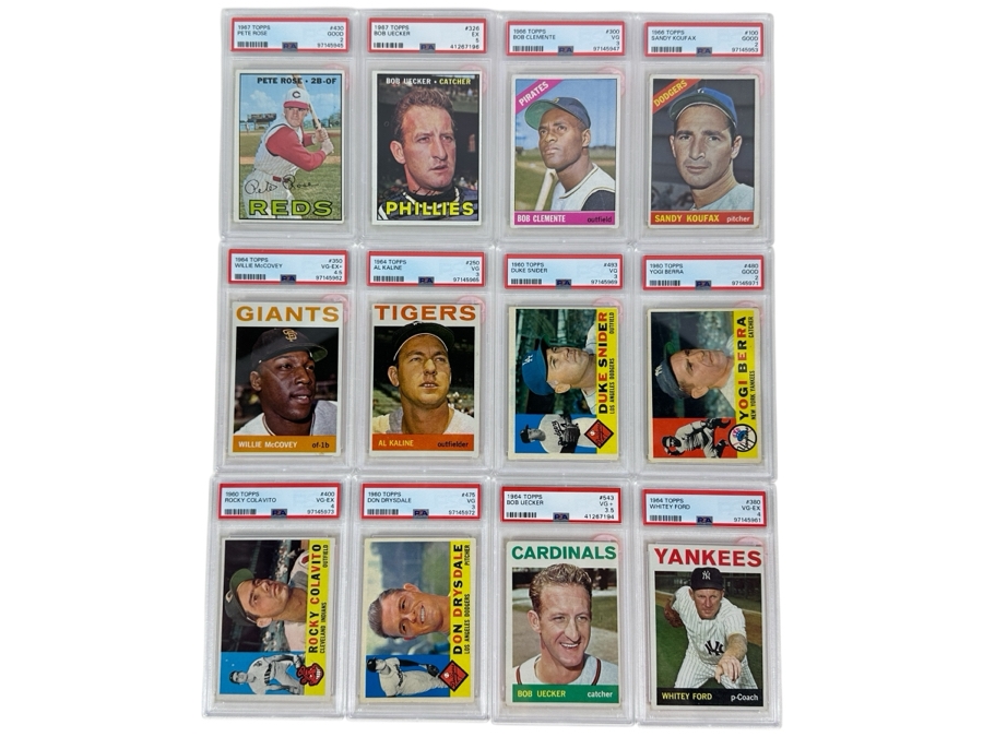(12) Vintage 1960-1967 PSA Graded Baseball Cards: Hall Of Famers: Pete Rose, Bob Uecker, Yogi Berra, Sandy Koufax, Roberto Clemente, Duke Snider, Rocky Colavito, Don Drysdale, Al Kaline, Willie McCovey, Whitey Ford 
