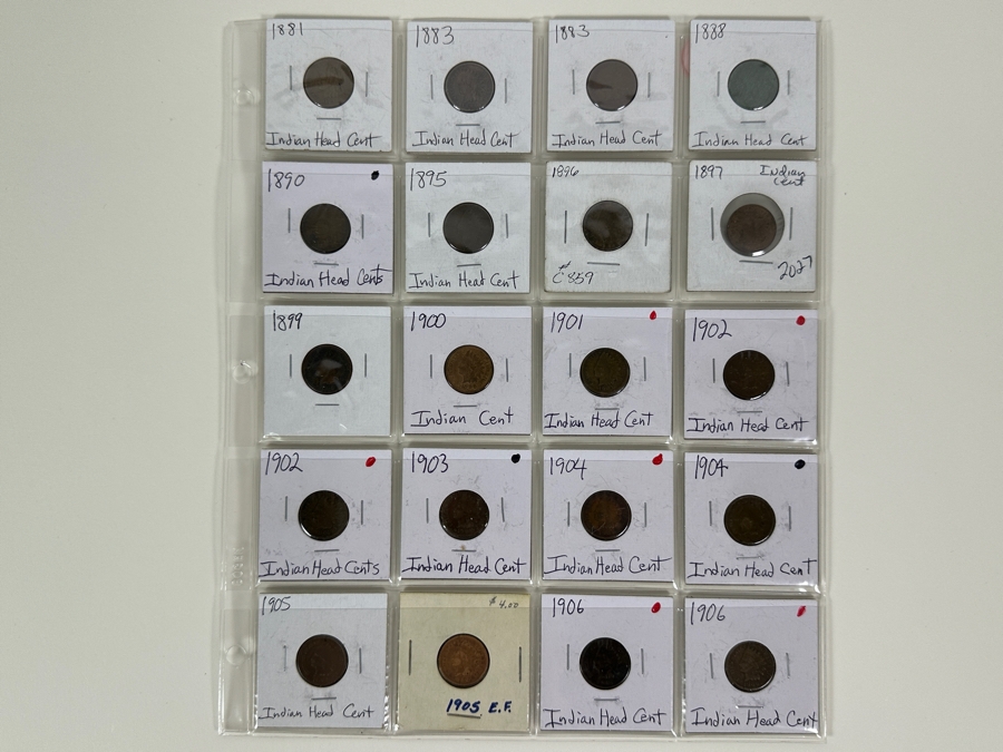Sheet With 20 Indian Head Pennies In Holders From 1881 To 1906  [Photo 19]