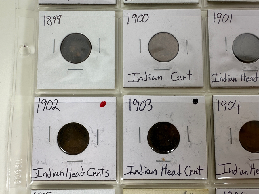 Sheet With 20 Indian Head Pennies In Holders From 1881 To 1906  [Photo 10]